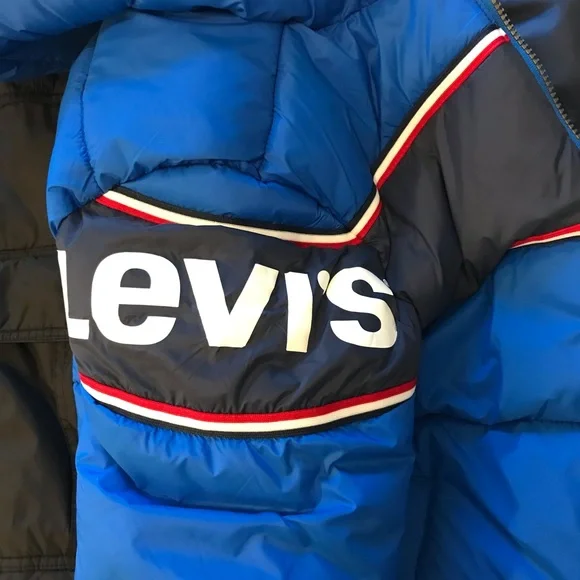 Boys lg 12/13 Levi’s blue puffer jacket w hood NWT
